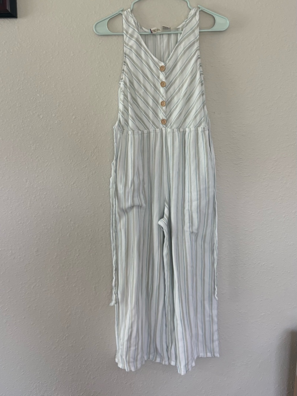 Mimi Chica White and Light Gray Striped Button-Front Jumpsuit